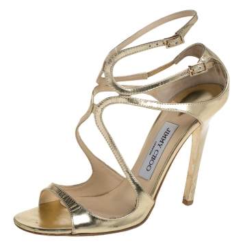 Pre Owned Jimmy Choo Gold Patent Leather Ivette Sandals Size 37.5