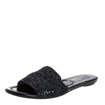 Pre Owned   Jimmy Choo Metallic Black Glitter Nanda Flat Slides Size 39
