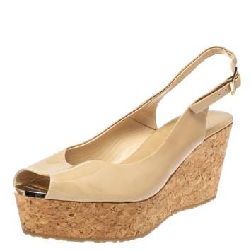 Pre Owned Jimmy Choo Beige Patent Leather Praise Cork Wedge Sandals Size 40