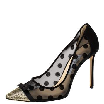 Pre Owned Jimmy Choo Black Suede And Mesh Dorothy Polka Dot Bow Pointed Toe Pumps Size 39