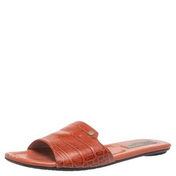 Pre Owned Jimmy Choo Dark Orange Croc Embossed Leather Nanda Flat Slides Size 38.5