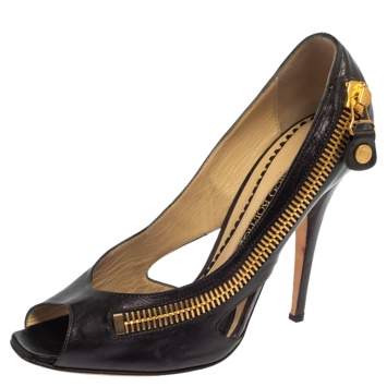 Pre Owned Jimmy Choo Vintage Purple Leather Zip Detail Open Toe Pumps Size 39