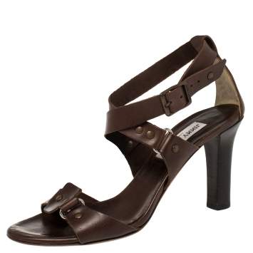 Pre Owned Jimmy Choo Brown Leather Studded Crisscross Ankle Strap Sandals Size 39