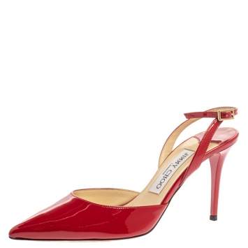 Pre Owned Jimmy Choo Red Patent Leather Tilly Pointed Toe Slingback Sandals Size 36.5
