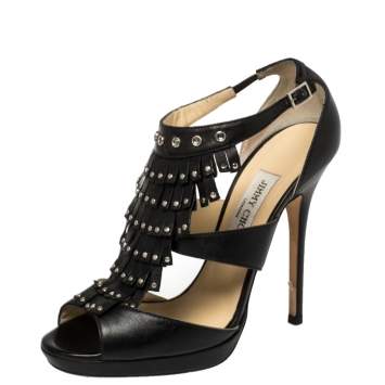 Pre Owned Jimmy Choo Black Leather Studded Fringe Platform Sandals Size 39
