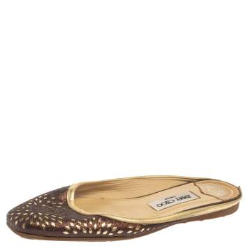 Pre Owned Jimmy Choo Metallic Brown Glitter And Leather Maya Flat Mules Size 38.5