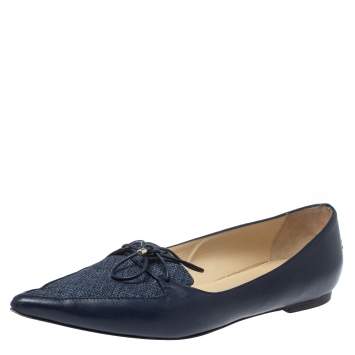 Pre Owned Jimmy Choo Blue Leather And Fabric Genna Pointed Toe Flats Size 39