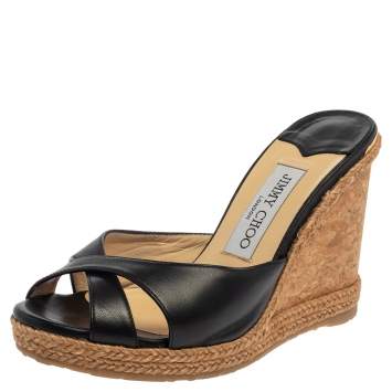 Pre Owned Jimmy Choo Black Leather Wedge  Platform Sandals Size 36