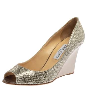 Pre Owned Jimmy Choo Metallic Silver Glitter Fabric Baxen Peep Toe Wedge Pumps Size 40