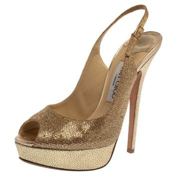 Pre Owned Jimmy Choo Metallic Gold Glitter Verity Peep Toe Slingback Platform Sandals 38.5
