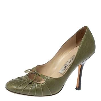 Pre Owned Jimmy Choo Olive Green Leather Bow Round Toe Pumps Size 37