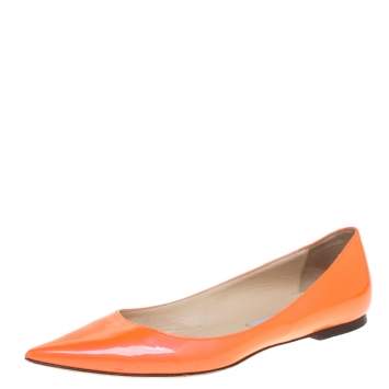 Pre Owned Jimmy Choo Neon Orange Patent Leather Alina Flats Size 38.5