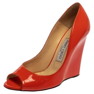 Pre Owned Jimmy Choo Orange Patent Leather Baxen Peep Toe Pumps Size 38.5