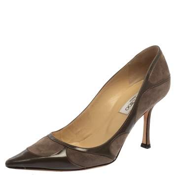 Pre Owned Jimmy Choo Dark Grey Suede And Patent Leather Pumps Size 39