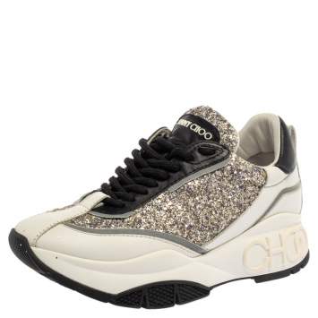 Pre Owned Jimmy Choo White/Sliver Leather And Glitter Raine Low Top Sneakers Size 37.5