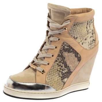 Pre Owned Jimmy Choo Beige/Silver Suede, Nubuck And Python Embossed Leather Panama Wedge Sneakers Size 39.5