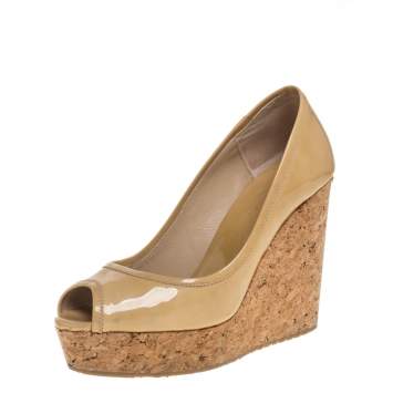 Pre Owned Jimmy Choo Beige Patent Leather Cork Wedge Peep Toe Pumps Size 36