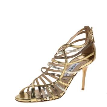Pre Owned Jimmy Choo Gold/Silver Leather Cage Sandals Size 36.5
