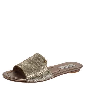 Pre Owned Jimmy Choo Metallic Silver/Gold Glitter And Lamé Nanda Flat Slides Size 38.5