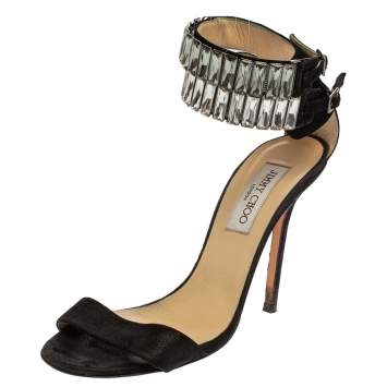Pre Owned Jimmy Choo Black Glitter Nubuck Crystal Embellished Ankle Cuff Sandals Size 38.5