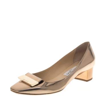 Pre Owned Jimmy Choo Metallic Rose Gold Leather Iris Square Toe Pumps Size 38.5