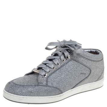 Pre Owned Jimmy Choo Metallic Sliver Glitter Miami Low Top Sneakers Size 37