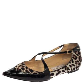Pre Owned Jimmy Choo Black Patent Leather and Leopard Calf Hair Gamble Crisscross Ballet Flats Size 36.5