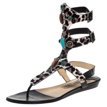 Pre Owned Jimmy Choo Leopard Print Calf Hair And Black Leather Bliss Embellished Flat Sandals Size 37