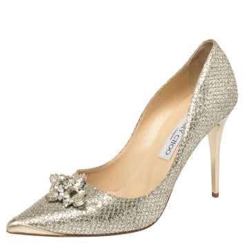 Pre Owned Miu Miu Silver Glitter Crystal Embellished Pointed Toe Pumps Size 40