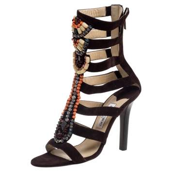 Pre Owned Jimmy Choo Brown Suede Beaded Gladiator Sandals Size 40.5