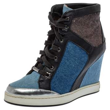Pre Owned Jimmy Choo Blue/Black Denim And Leather  Wedge Panama  Sneakers Size 37.5