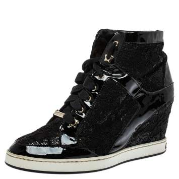 Pre Owned Jimmy Choo Black Lace And Patent Leather Wedge Panama  Sneakers Size 37.5