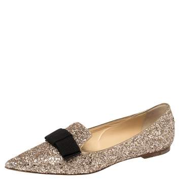 Pre Owned Jimmy Choo Gold Glitter Gala  Flats Size 37