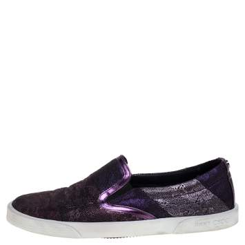 Pre Owned Jimmy Choo Metallic Purple Lace Demi Slip On Sneakers Size 37.5