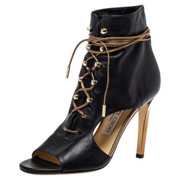 Pre Owned Jimmy Choo Black Leather Lace Up Peep Toe Boots Size 35.5