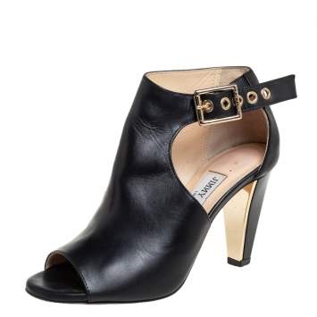 مملوكة مسبقًا Jimmy Choo Black Leather Belted Detail Open Toe Ankle Boots Size 35