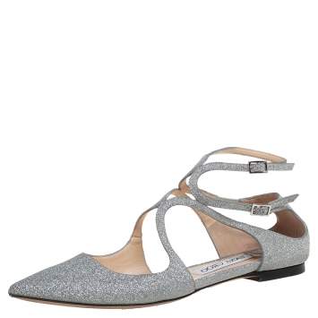Pre Owned Jimmy Choo Silver Glitter Lancer Flats Size 38.5