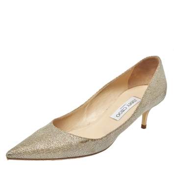 Pre Owned Jimmy Choo Gold Shimmery Fabric Aza Kitten Heel Pointed Toe Pumps Size 40