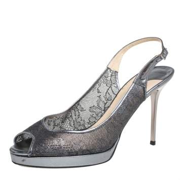 Pre Owned Jimmy Choo Metallic Silver Lace And Leather Nova Sandals Size 40