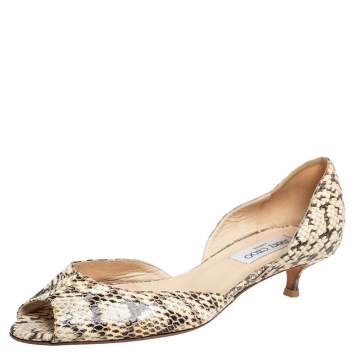 Pre Owned Jimmy Choo Cream/Black Python Embossed Leather Peep Toe Pumps Size 39.5