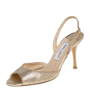 Pre Owned Jimmy Choo Gold Glitter Fabric Slingback Sandals Size 38