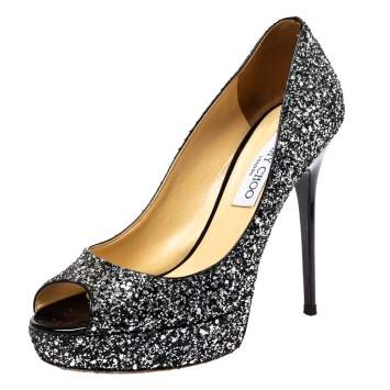Pre Owned Jimmy Choo Silver/Black Coarse Glitter Crown Peep Toe Platform Pumps Size 38