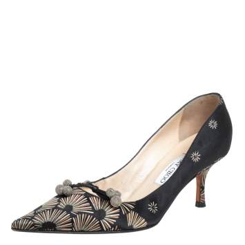 Pre Owned Jimmy Choo Black Printed Satin Pointed Toe Pumps Size 38