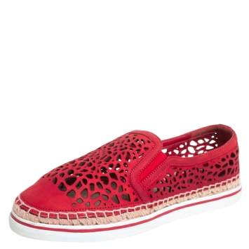 Pre Owned Jimmy Choo Red Laser Cut Nubuck Espadrilles Sneakers Size 38