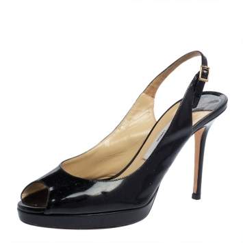 Pre Owned Jimmy Choo Black Patent Leather Peep Toe Platform Sandals Size 39