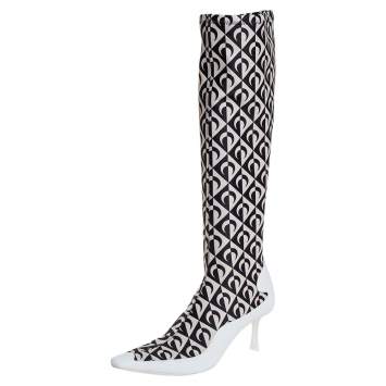 Pre Owned Jimmy Choo White/Black Leather And Stretch Fabric Knee High Boots Size 37