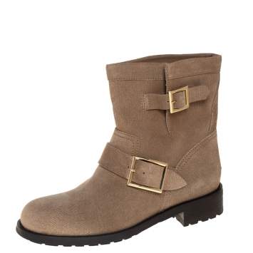 Pre Owned Jimmy Choo Beige Suede Buckle Detail Biker Boots Size 38