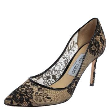 Pre Owned Jimmy Choo Black Coarse Lace/Patent Leather Pumps Size 38