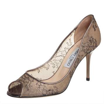 Pre Owned Jimmy Choo Metallic Bronze Lace Evelyn Peep Toe Pumps Size 38.5