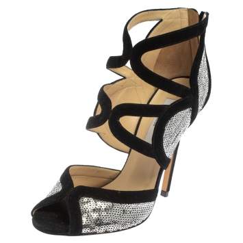 Pre Owned Jimmy Choo Silver/Black Suede and Sequins Tempest Sandals Size 38.5